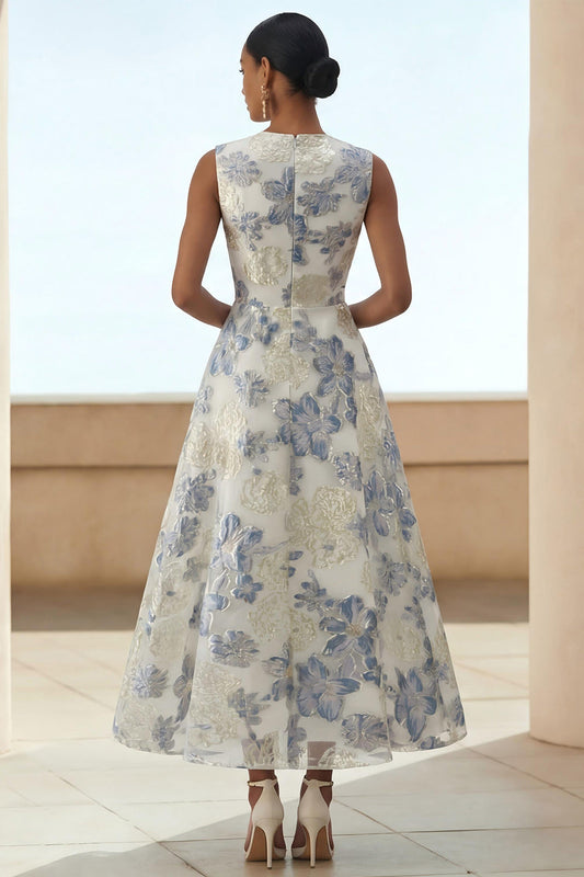 Robe longue trapèze fleurie Dusty Blue en jacquard avec poches