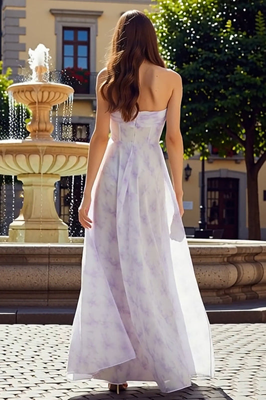 Robe longue bustier en mousseline fleurie coupe trapèze lilas