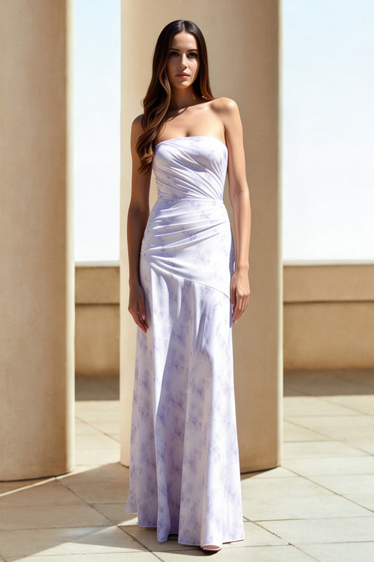 Robe longue fourreau fleurie ruchée bustier lilas