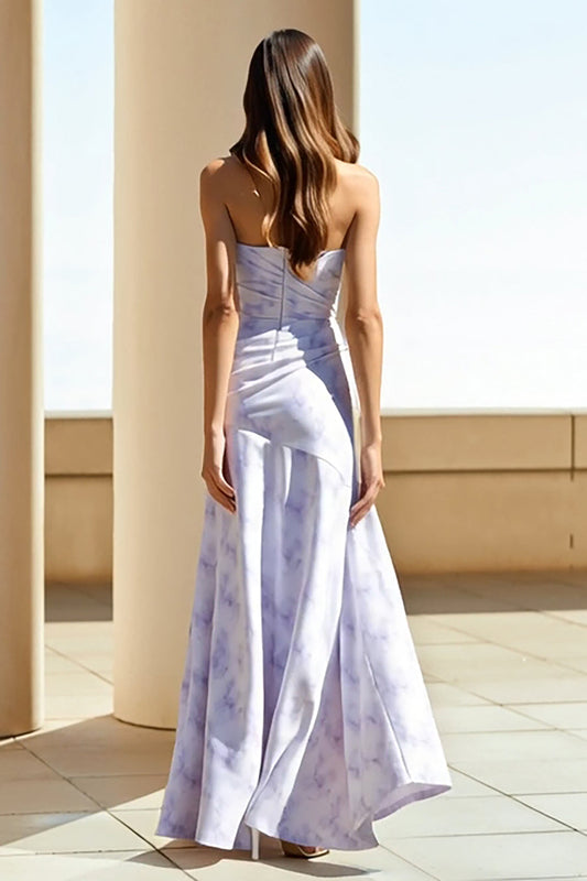 Robe longue fourreau fleurie ruchée bustier lilas