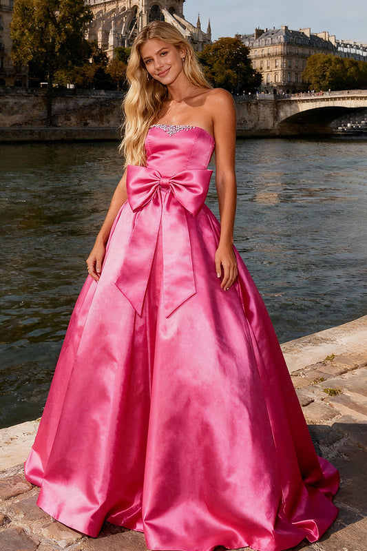 Robe de bal/de promo rose vif bustier à nœud