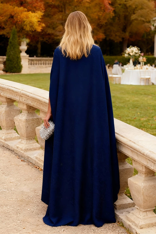 Navy Floral Mermaid Long Formal Dress with Cape