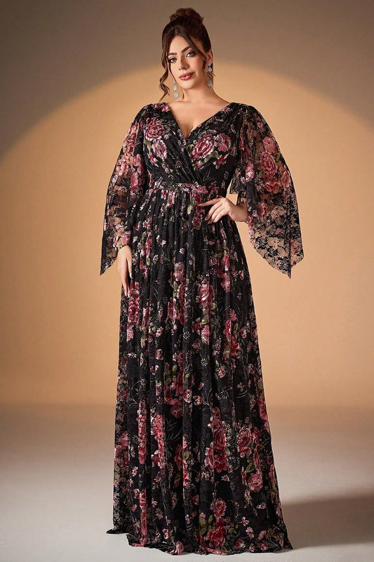 Black Pink Floral A-Line Long Sleeve Mother of the Bride Dress