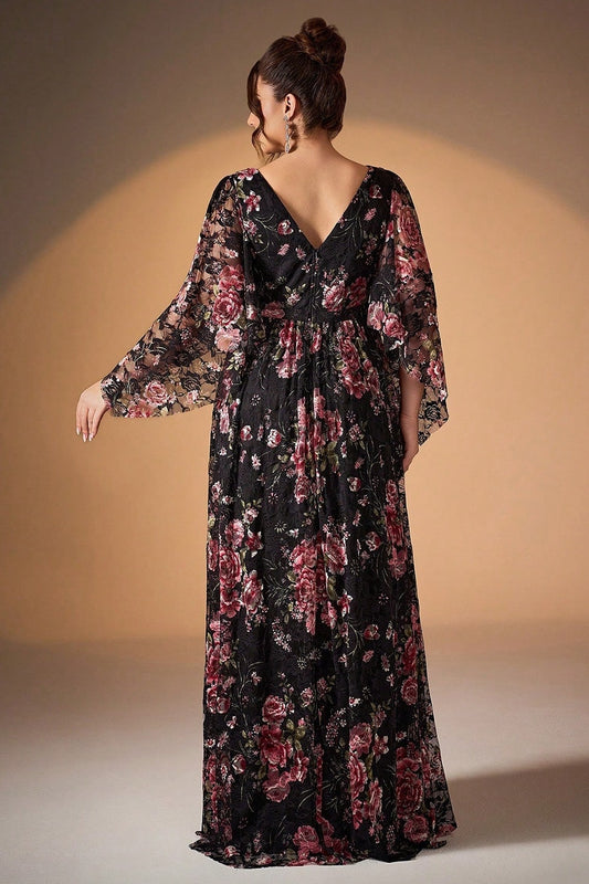 Black Pink Floral A-Line Long Sleeve Mother of the Bride Dress