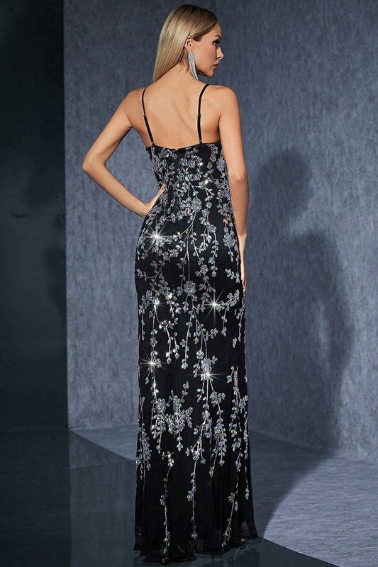 Robe de soirée longue fendue à fines bretelles, noire et argentée scintillante