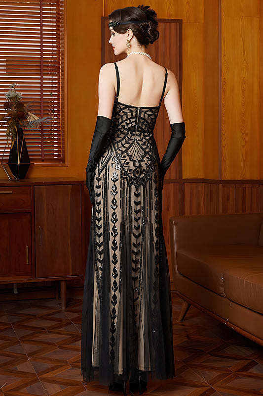 Robe longue brillante des années 20 style fourreau noir abricot à fines bretelles et paillettes