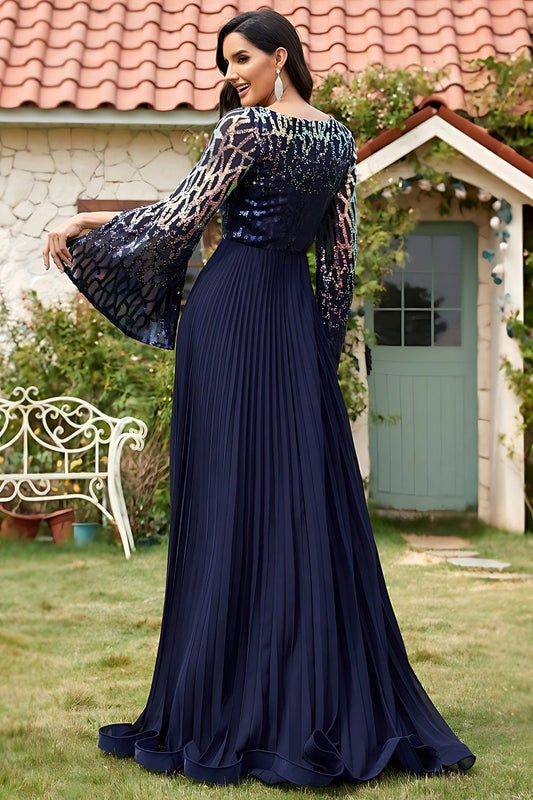 Robe longue plissée à col en V à sequins bleu marine pour mère de la mariée