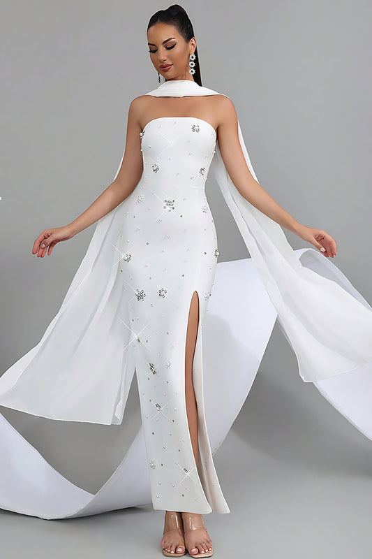 Vestido largo de fiesta convertible, blanco brillante, sin tirantes, con bufanda para el cuello