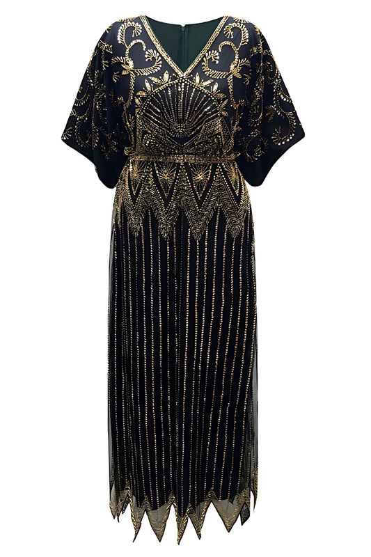Robe longue Charleston scintillante noire et dorée à sequins et perles avec décolleté en V
