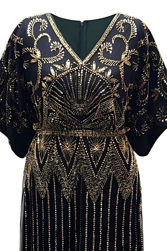 Robe longue Charleston scintillante noire et dorée à sequins et perles avec décolleté en V