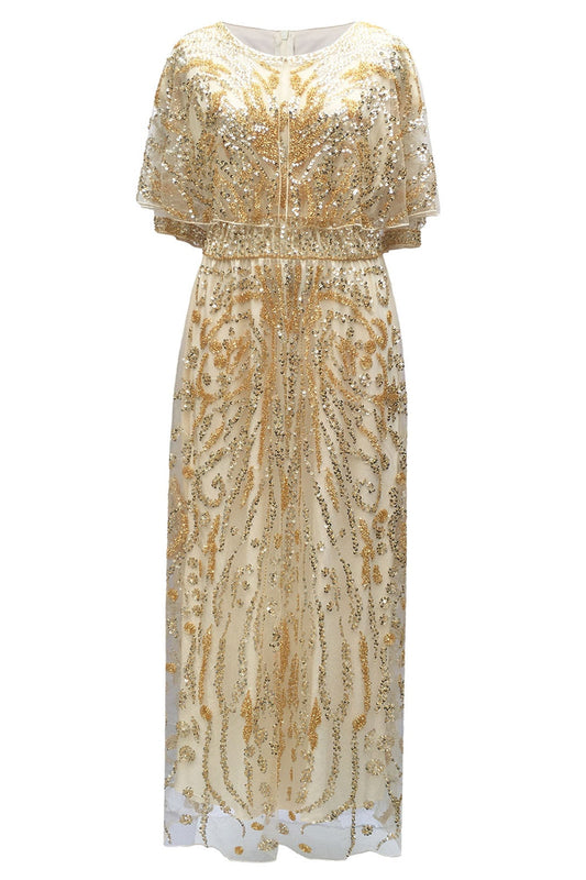 Robe fourreau des années 20 abricot scintillant à col bateau orné de perles et de sequins
