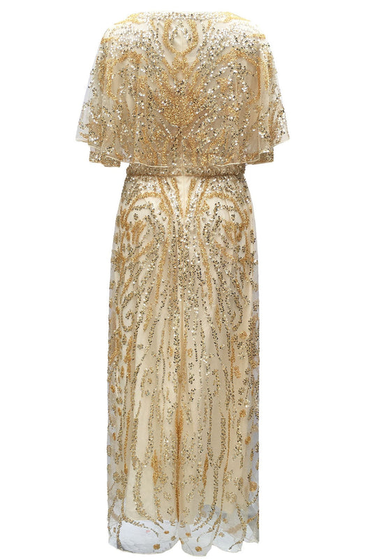 Robe fourreau des années 20 abricot scintillant à col bateau orné de perles et de sequins