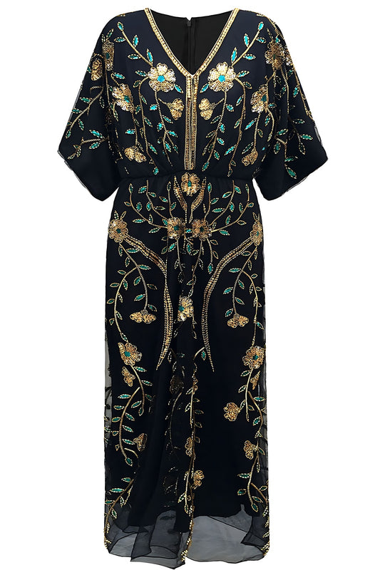 Robe fourreau noire à col en V, sequins et demi-manches, style années 20