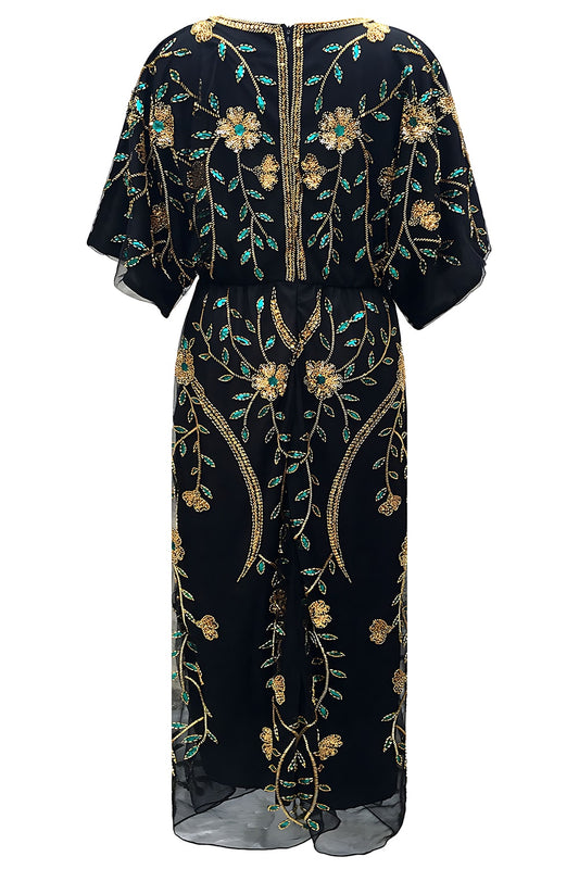 Robe fourreau noire à col en V, sequins et demi-manches, style années 20