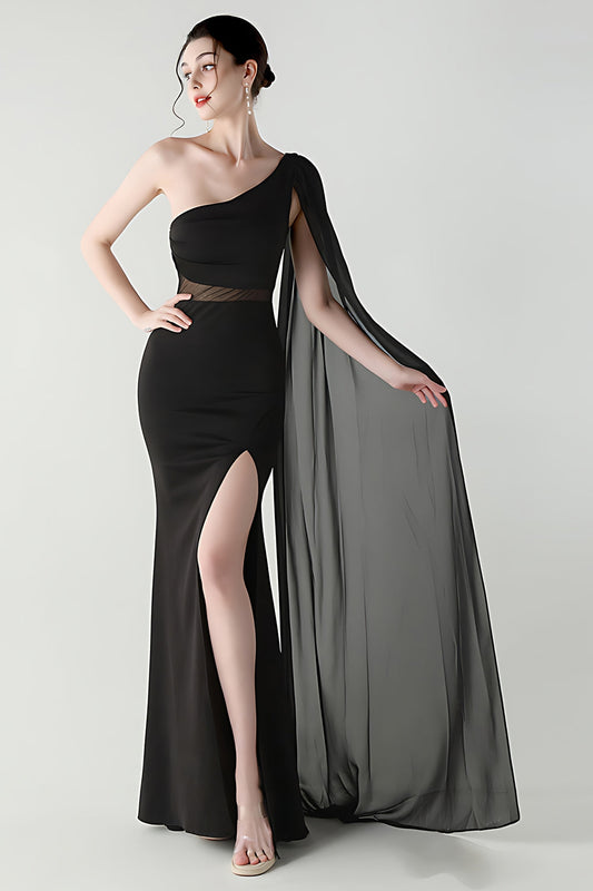 One Shoulder Black Mermaid Streamer Long Formal Dress with Slit
