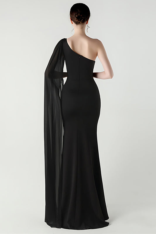 One Shoulder Black Mermaid Streamer Long Formal Dress with Slit