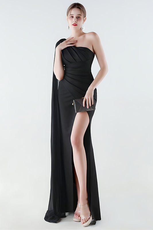 One-Shoulder Mermaid Black Formal Dress with Streamer