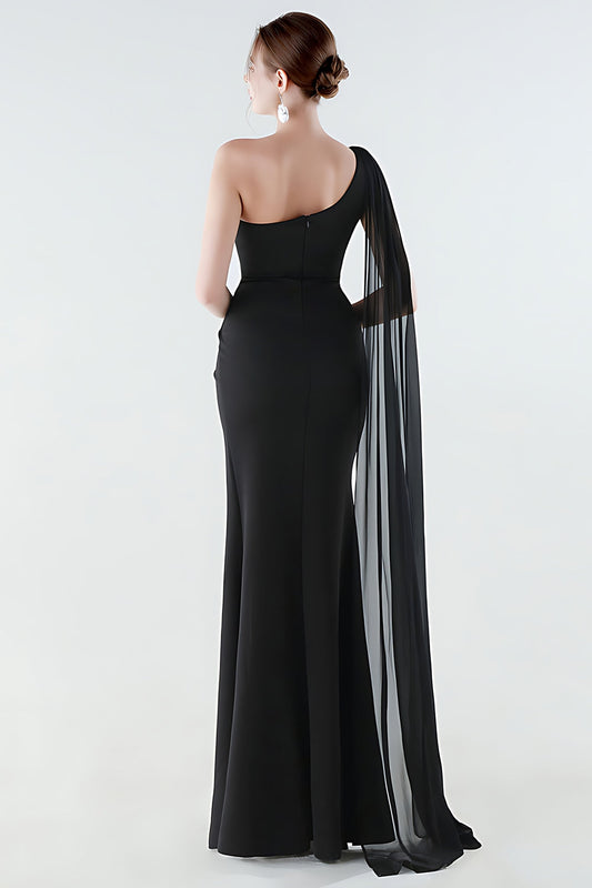 One-Shoulder Mermaid Black Formal Dress with Streamer