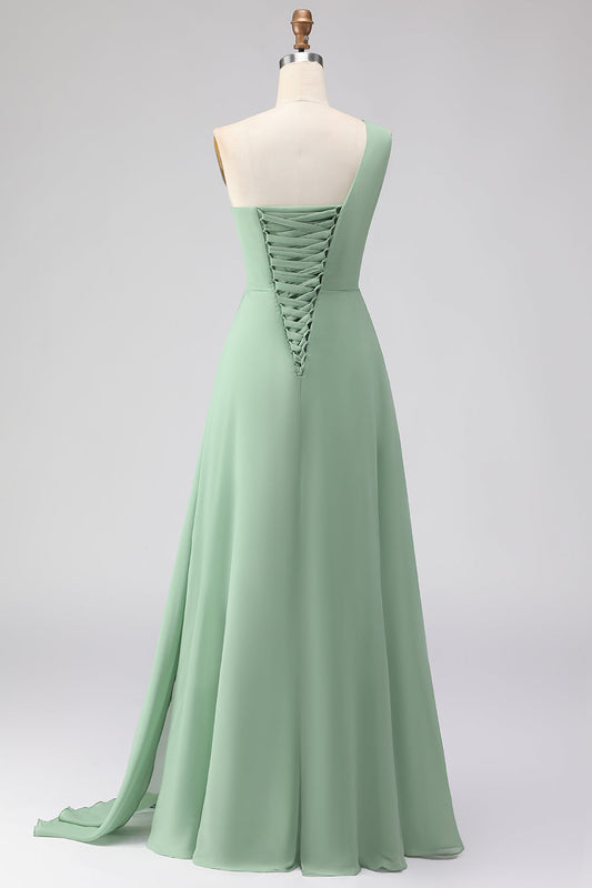 Sage Green A-Line One Shoulder Long Bridesmaid Dress with Slit