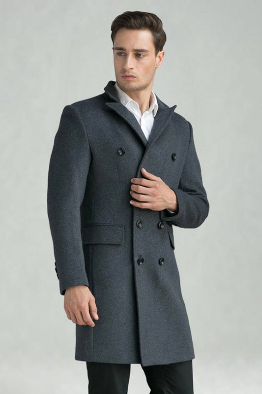 Peak Lapel Double-Breasted Long Men's Grey Winter Coat