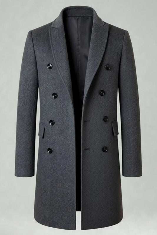 Peak Lapel Double-Breasted Long Men's Grey Winter Coat