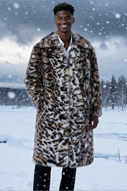 Brown Leopard Faux Fur Open Front Long Men's Coat