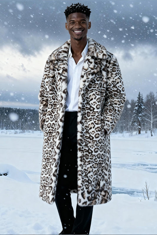 Ivory Leopard Faux Fur Warm Long Men's Coat with Pockets