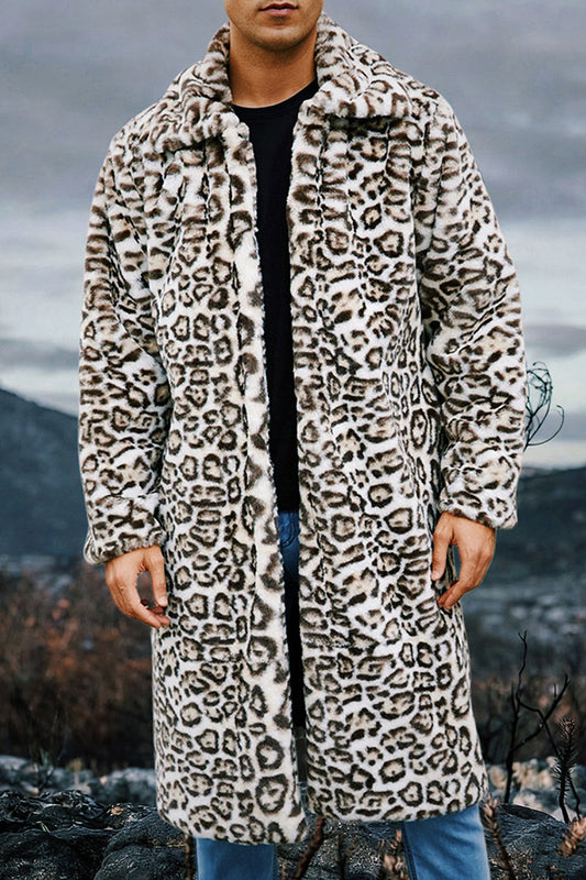 Ivory Leopard Faux Fur Warm Long Men's Coat with Pockets