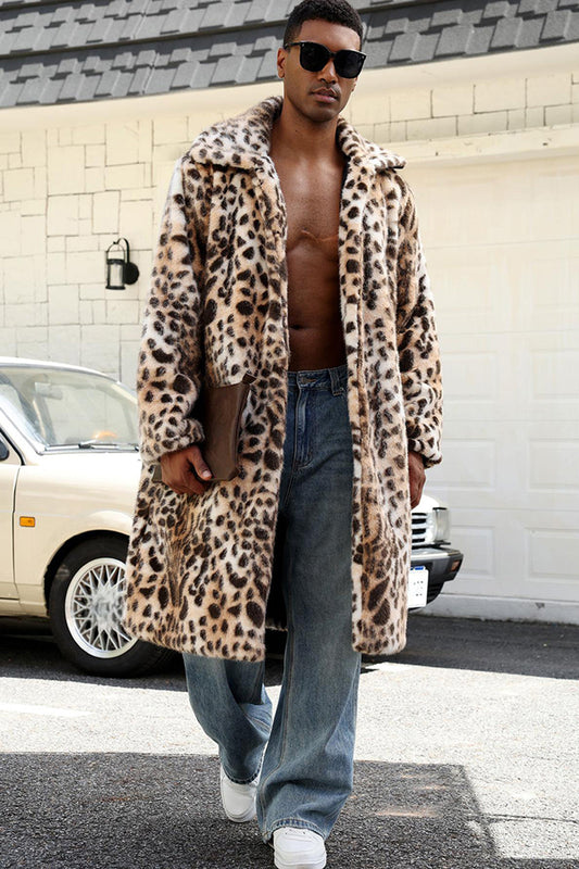 Men's Coffee Leopard Shawl Collar Long Faux Fur Coat