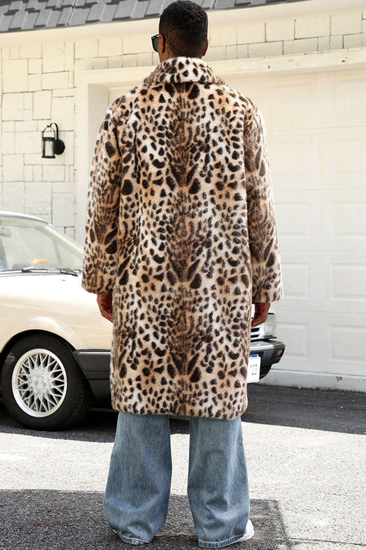 Men's Coffee Leopard Shawl Collar Long Faux Fur Coat