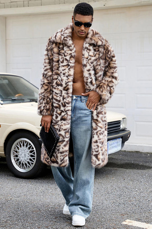 Brown Leopard Thick Faux Fur Open Front Long Men's Coat
