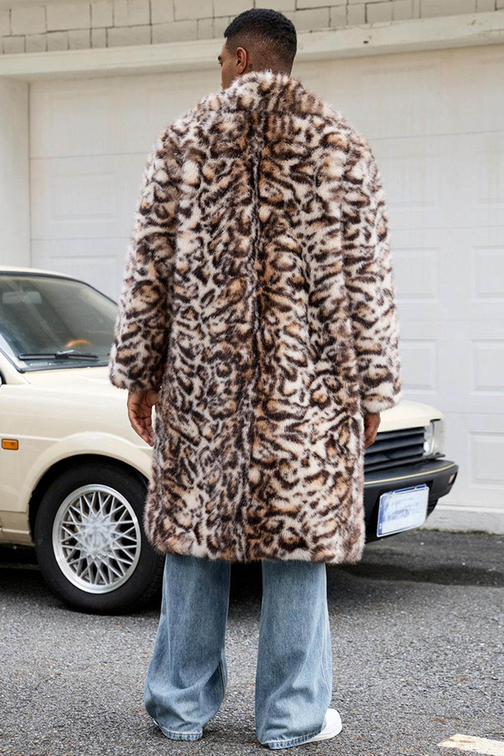 Manteau Long Homme Ouvert sur le Devant en Fausse Fourrure Épaisse Motif Léopard Marron