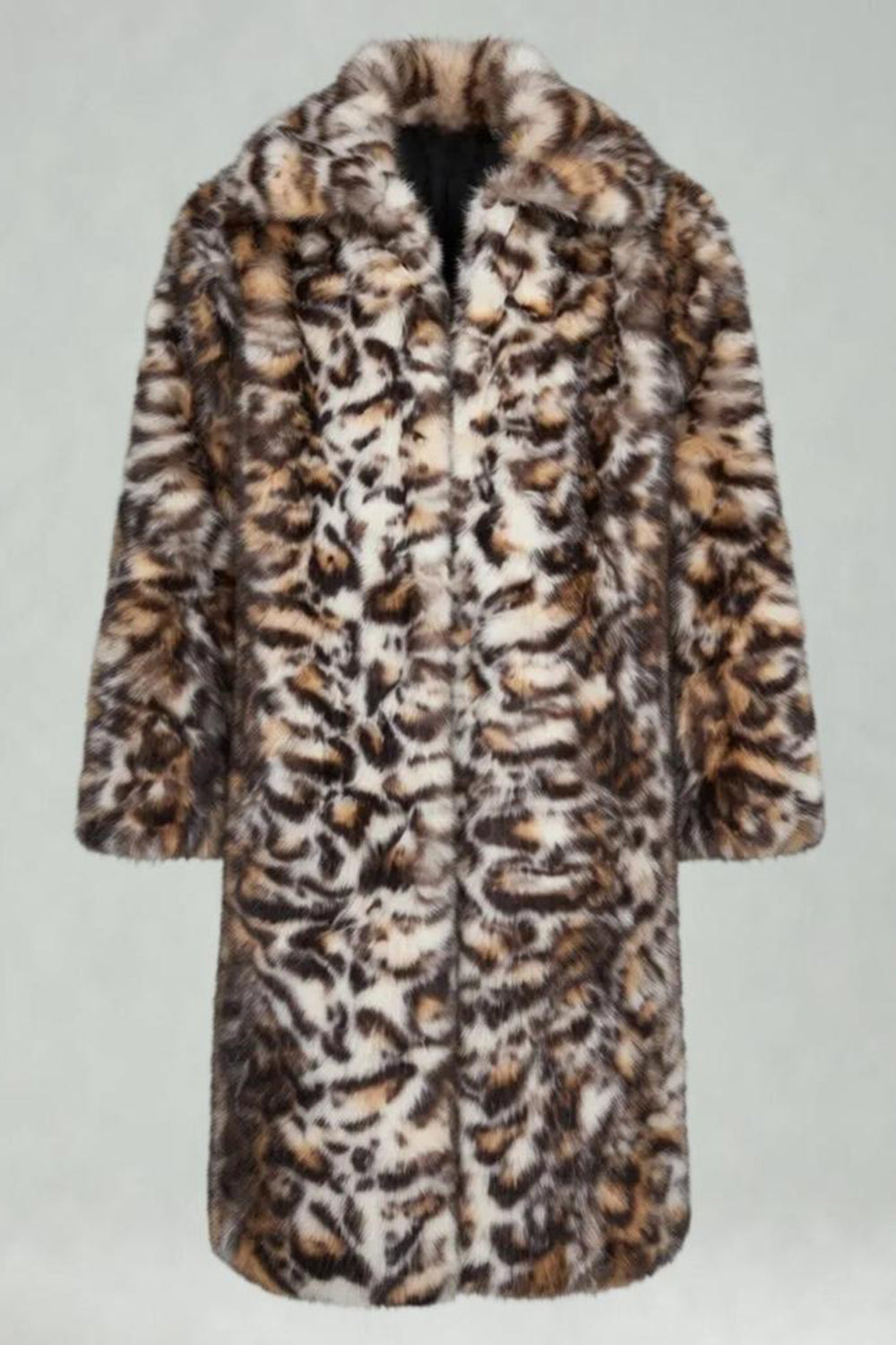 Manteau Long Homme Ouvert sur le Devant en Fausse Fourrure Épaisse Motif Léopard Marron
