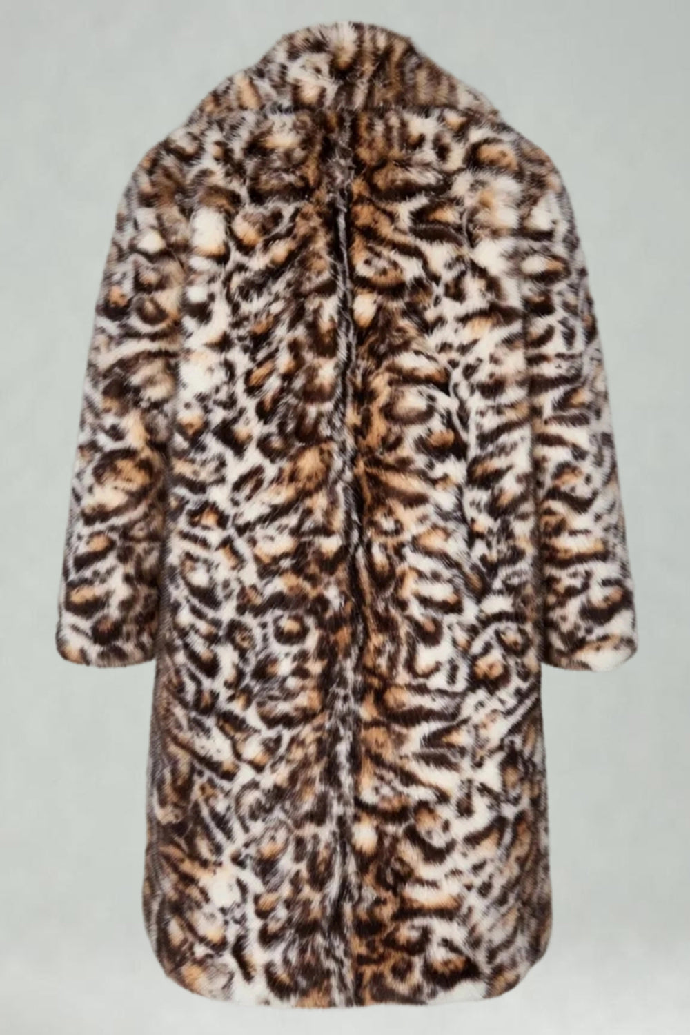 Manteau Long Homme Ouvert sur le Devant en Fausse Fourrure Épaisse Motif Léopard Marron