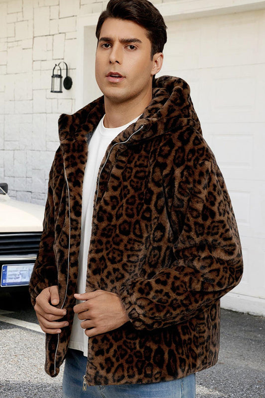 Brown Leopard Faux Fur Hooded Men's Winter Coat