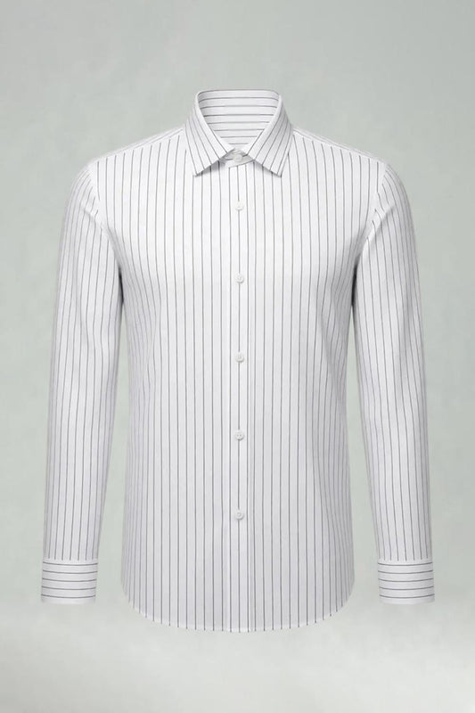 Camisa de traje de hombre de manga larga ajustada a rayas blancas
