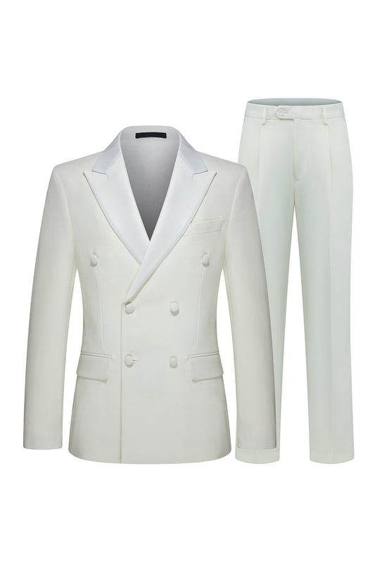 Costumes de mariage pour hommes à revers pointus et double boutonnage, 2 pièces, blanc