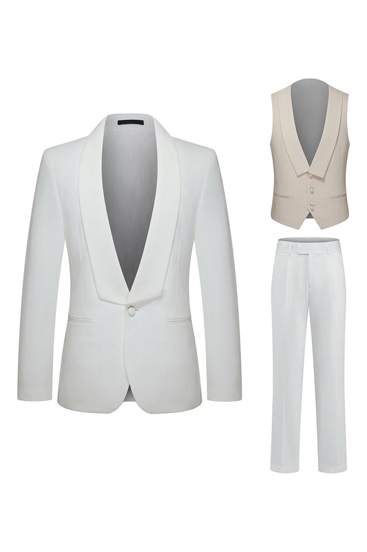 Costumes de mariage 3 pièces ajustés pour hommes, avec revers châle blanc