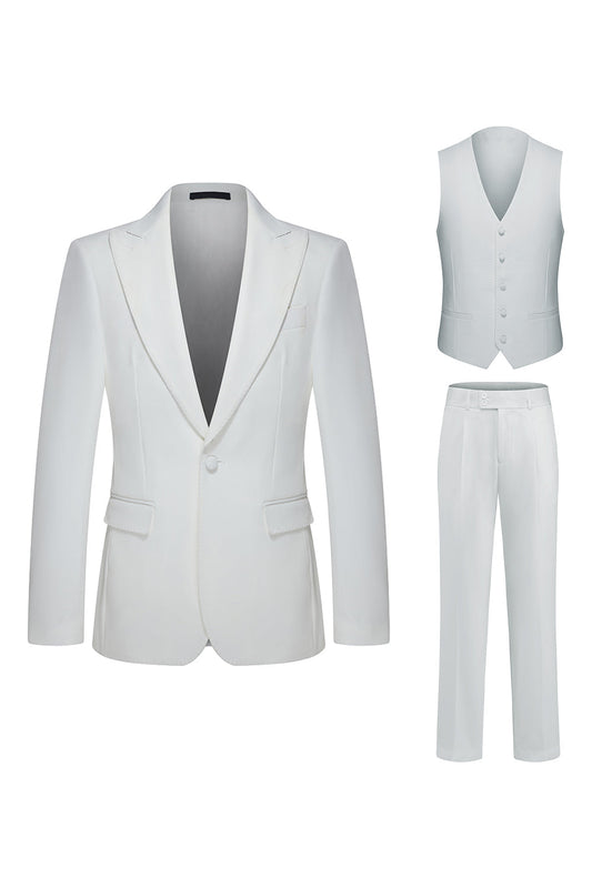 Costume de mariage blanc trois pièces pour homme, un bouton, revers en pointe