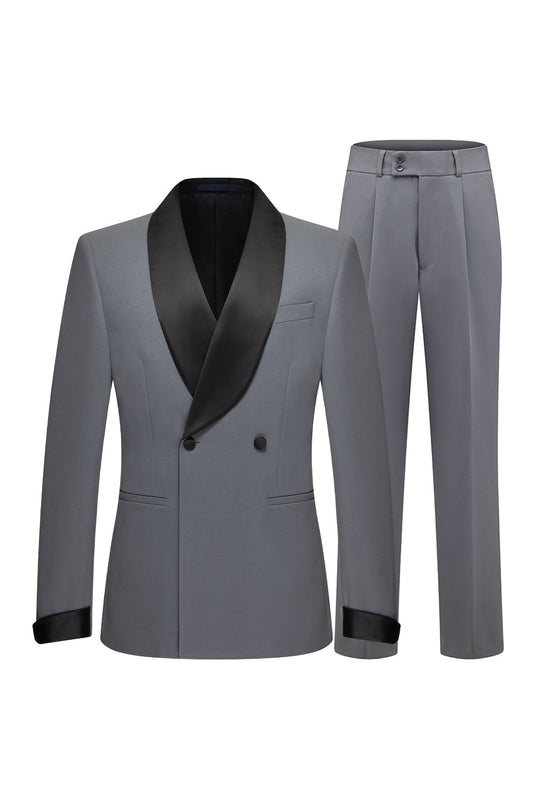 Costume homme 2 pièces gris coupe ajustée à revers châle