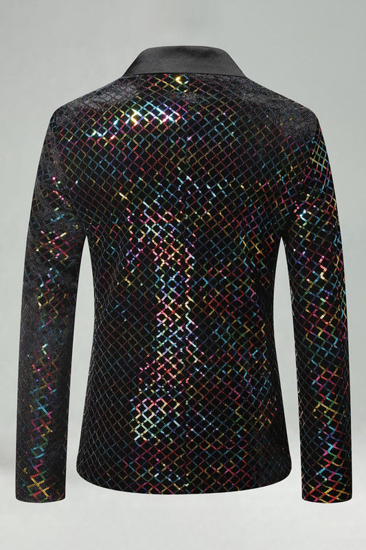Blazer de bal pour homme à revers cranté, sequins colorés et un bouton