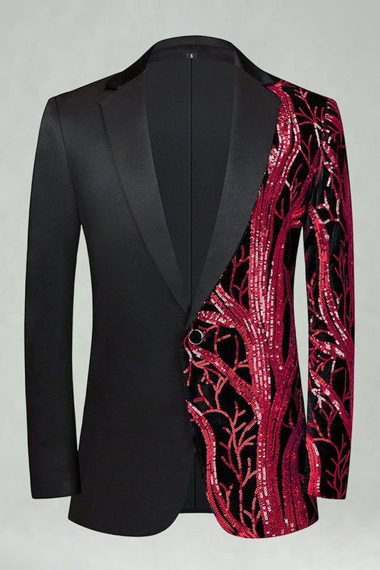 Smoking pour homme 2 pièces à revers crantés en sequins rouge foncé