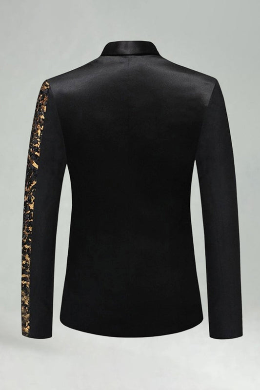 Blazer de bal à sequins noir et doré à revers crantés pour homme