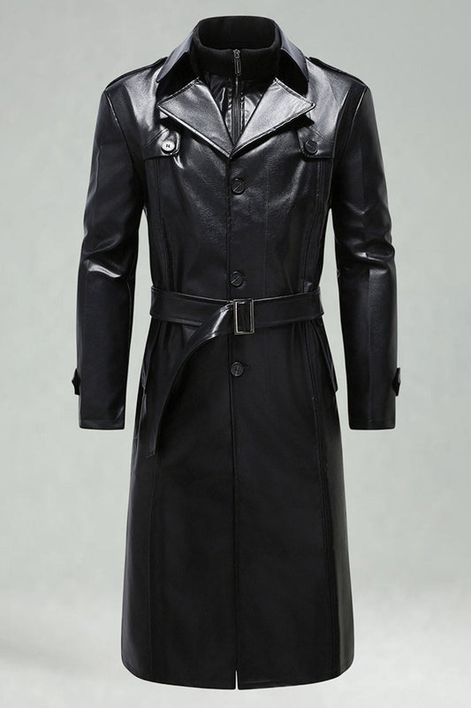 Black Leather Notched Lapel Men's Trench Coat with Belt