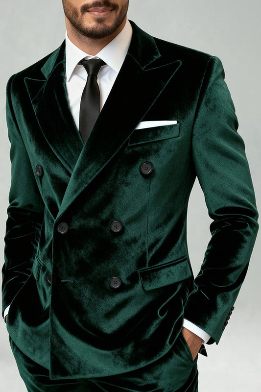 Costume de Bal pour Homme, 2 Pièces, Vert Foncé Velours, Revers Cranté