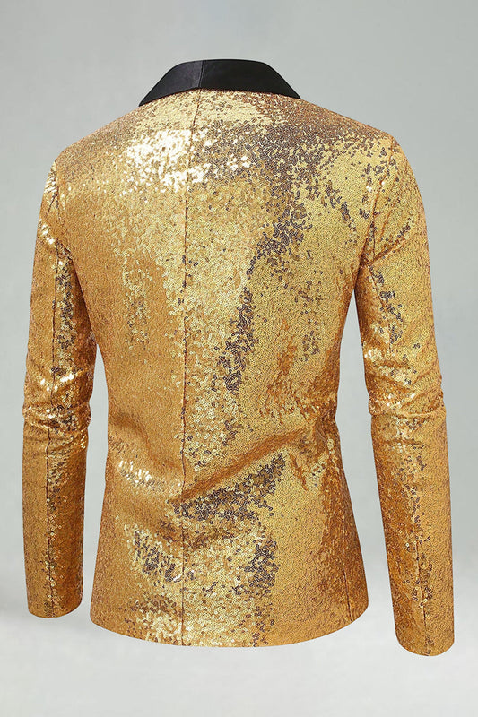 Chaqueta de esmoquin dorada brillante con solapa y hebilla para hombre