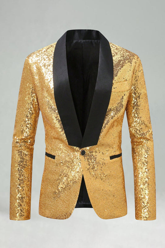Chaqueta de esmoquin dorada brillante con solapa y hebilla para hombre