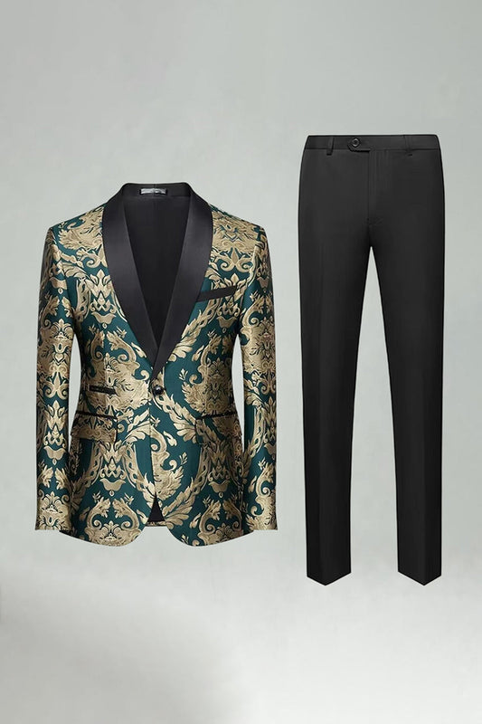 Costume de bal vert jacquard 2 pièces à revers châle pour homme