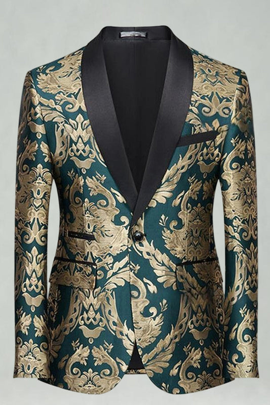 Costume de bal vert jacquard 2 pièces à revers châle pour homme