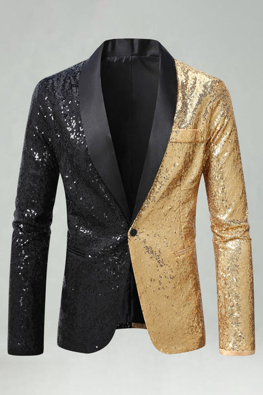 Blazer de bal pour homme avec revers châle doré noir scintillant et boucle unique